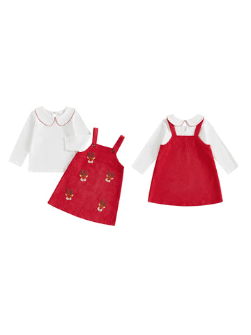 MQTIME  -  Adorable Baby Girl Christmas Outfit with Ruffle Collar Shirt and Reindeer Print Overall Dress - Festive 2 Piece Set for Toddler
